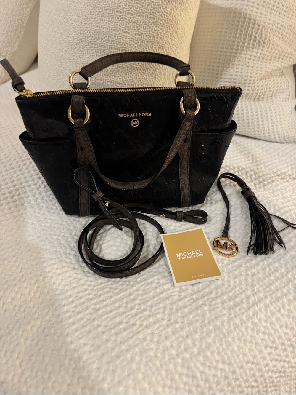 Michael Kors Black and Brown Logo-Embossed Crossbody Tote with Gold Hardware